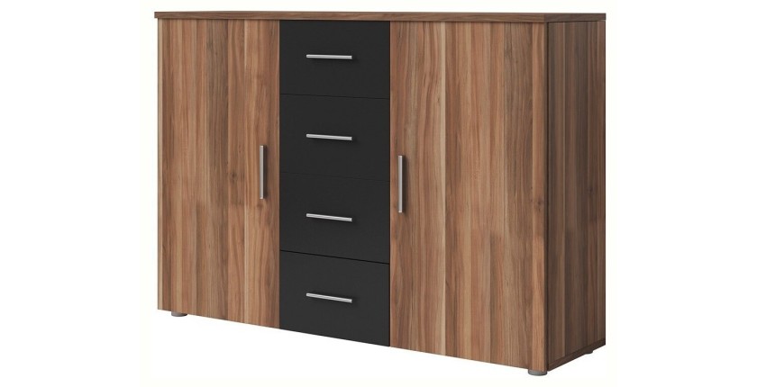 Commode 2 portes et 4 tiroirs 130cm. Collection IRINA couleur red wallnut et noir.