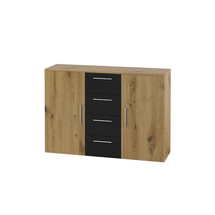 Commode 2 portes et 4 tiroirs 130cm. Collection IRINA imitation chêne clair et noir.