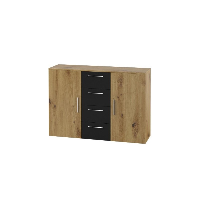 Commode 2 portes et 4 tiroirs 130cm. Collection IRINA imitation chêne clair et noir.