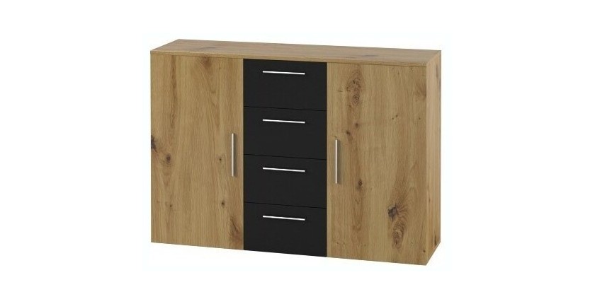 Commode 2 portes et 4 tiroirs 130cm. Collection IRINA imitation chêne clair et noir.