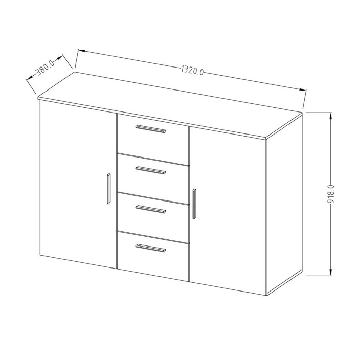 Commode 2 portes et 4 tiroirs 130cm. Collection IRINA imitation chêne clair et noir.