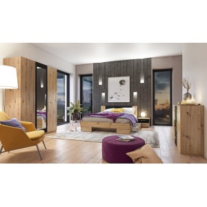 Commode 2 portes et 4 tiroirs 130cm. Collection IRINA imitation chêne clair et noir.