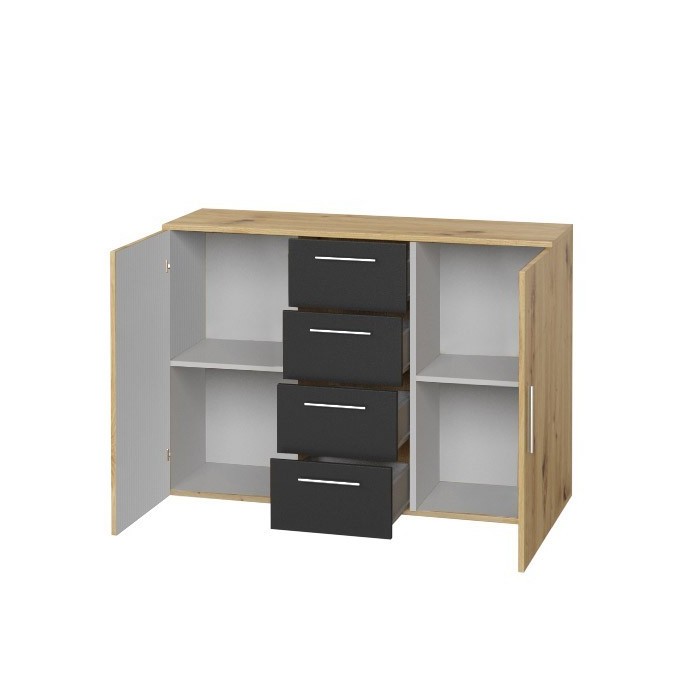 Commode 2 portes et 4 tiroirs 130cm. Collection IRINA imitation chêne clair et noir.