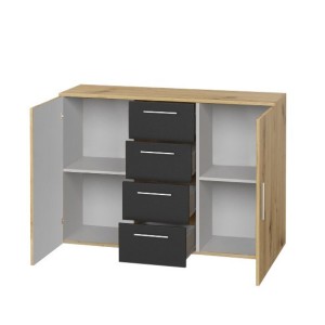 Commode 2 portes et 4 tiroirs 130cm. Collection IRINA imitation chêne clair et noir.