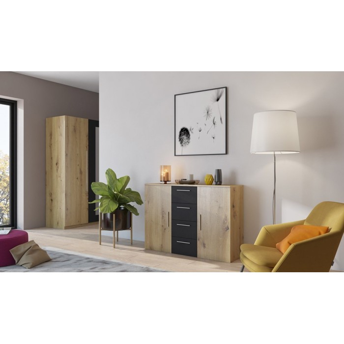 Commode 2 portes et 4 tiroirs 130cm. Collection IRINA imitation chêne clair et noir.