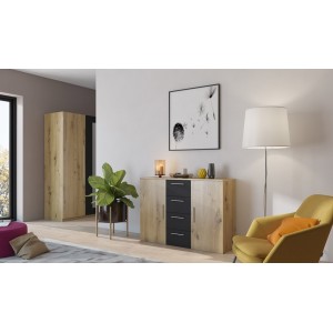 Commode 2 portes et 4 tiroirs 130cm. Collection IRINA imitation chêne clair et noir.