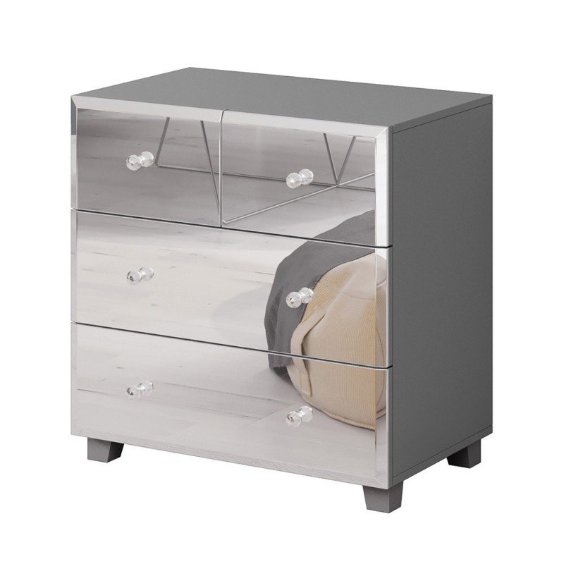 Commode 4 tiroirs corps gris et façades recouvertes de miroirs collection LUXOR.