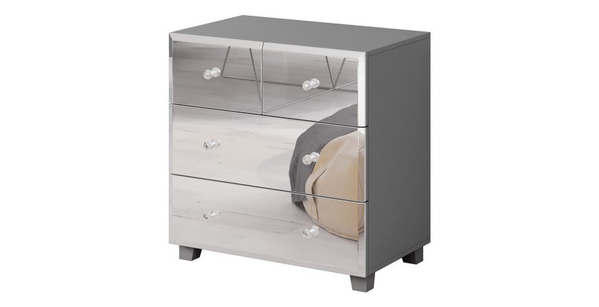 Commode 4 tiroirs corps gris et façades recouvertes de miroirs collection LUXOR.
