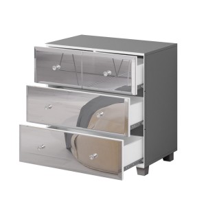 Commode 4 tiroirs corps gris et façades recouvertes de miroirs collection LUXOR.