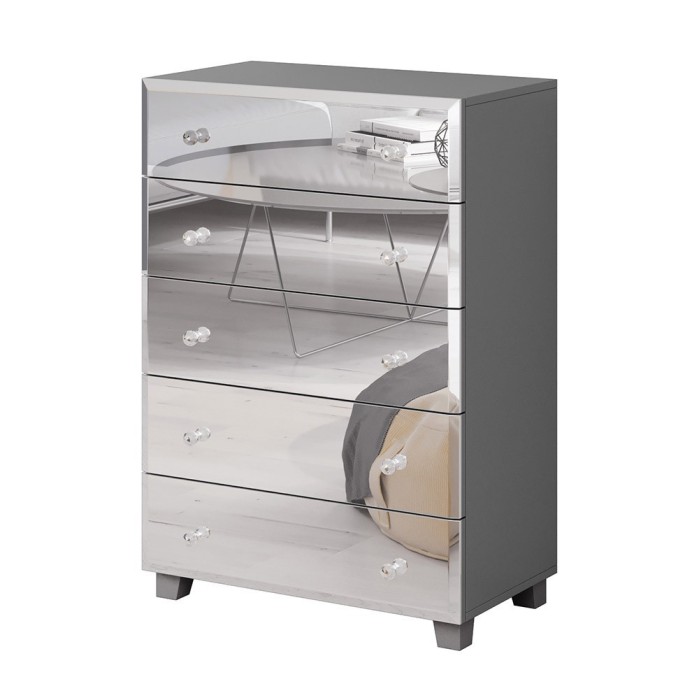 Commode 5 tiroirs avec corps gris et façades recouvertes de miroirs collection LUXOR.