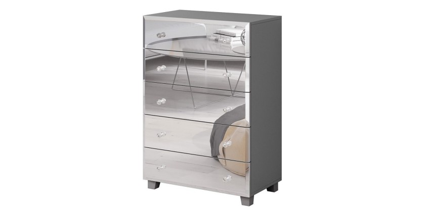 Commode 5 tiroirs avec corps gris et façades recouvertes de miroirs collection LUXOR.