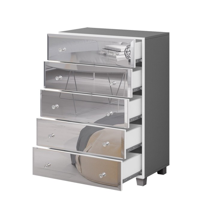 Commode 5 tiroirs avec corps gris et façades recouvertes de miroirs collection LUXOR.