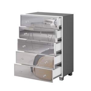 Commode 5 tiroirs avec corps gris et façades recouvertes de miroirs collection LUXOR.