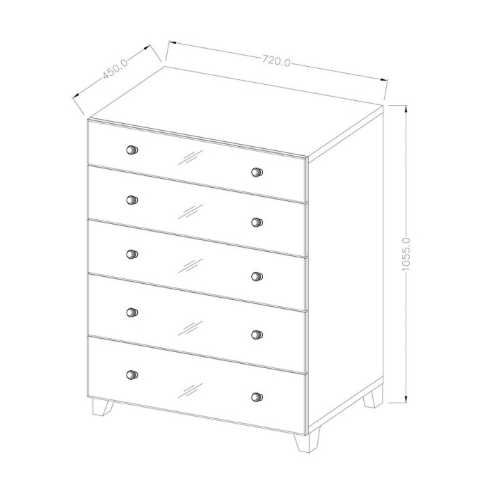 Commode 5 tiroirs avec corps gris et façades recouvertes de miroirs collection LUXOR.