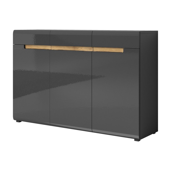 Commode design LUCIA, 3 portes et 3 tiroirs. Coloris gris brillant et chêne