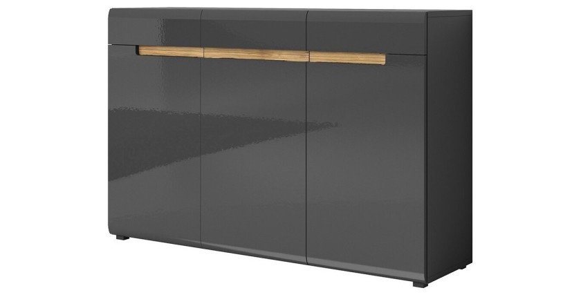 Commode design LUCIA, 3 portes et 3 tiroirs. Coloris gris brillant et chêne