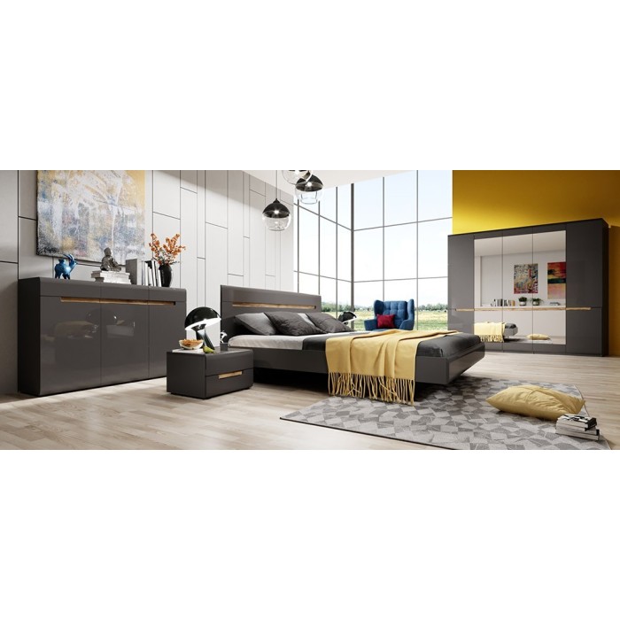 Commode design LUCIA, 3 portes et 3 tiroirs. Coloris gris brillant et chêne