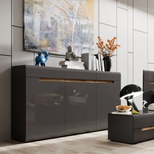 Commode design LUCIA, 3 portes et 3 tiroirs. Coloris gris brillant et chêne