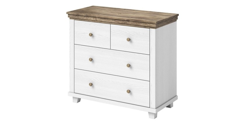 Commode design 4 tiroirs. Coloris blanc et chêne. Collection ASSIA