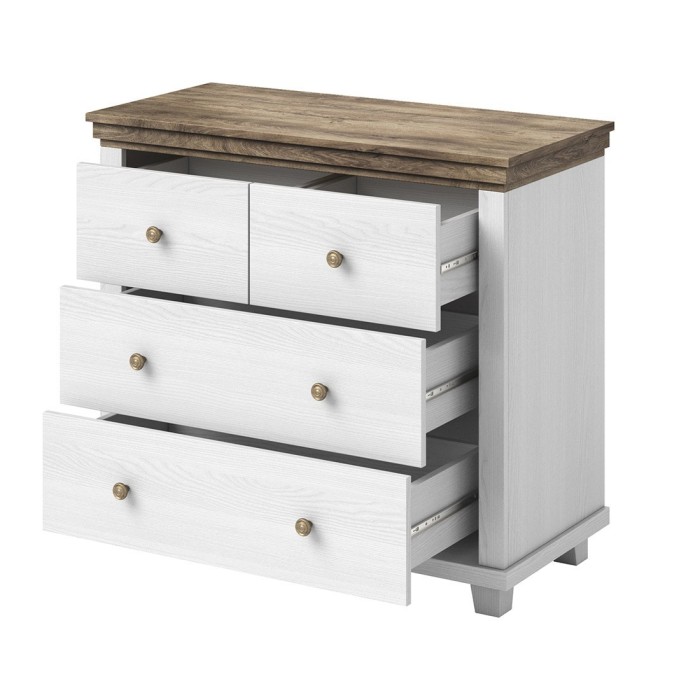 Commode design 4 tiroirs. Coloris blanc et chêne. Collection ASSIA