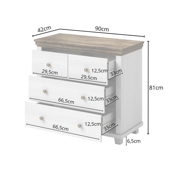 Commode design 4 tiroirs. Coloris blanc et chêne. Collection ASSIA