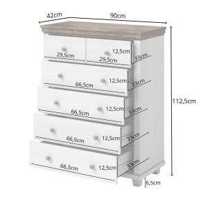 Commode XL design 6 tiroirs. Coloris blanc et chêne. Collection ASSIA