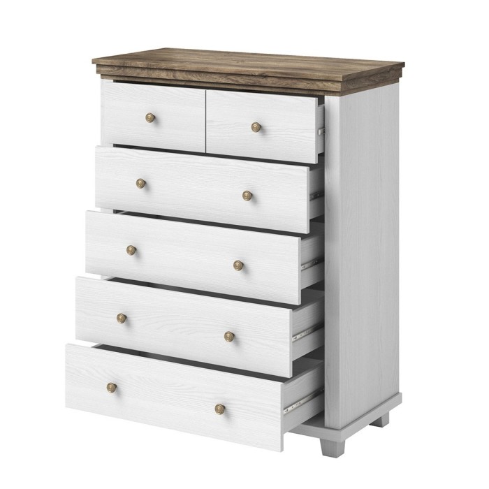 Commode XL design 6 tiroirs. Coloris blanc et chêne. Collection ASSIA