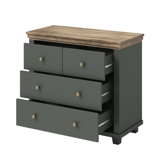 Commode design 4 tiroirs. Coloris vert kaki et chêne. Collection ASSIA