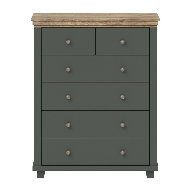 Commode XL design 6 tiroirs. Coloris vert kaki et chêne. Collection ASSIA