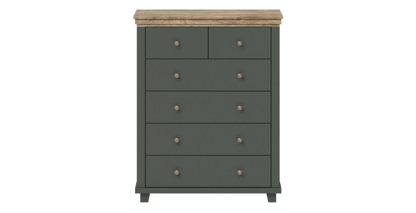 Commode XL design 6 tiroirs. Coloris vert kaki et chêne. Collection ASSIA