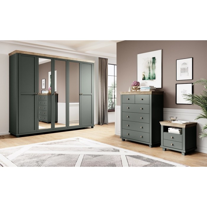 Commode XL design 6 tiroirs. Coloris vert kaki et chêne. Collection ASSIA