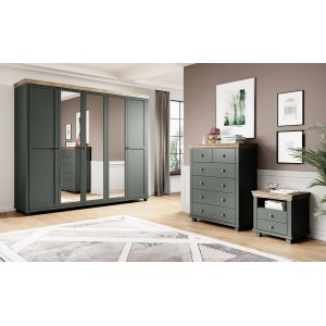 Commode XL design 6 tiroirs. Coloris vert kaki et chêne. Collection ASSIA