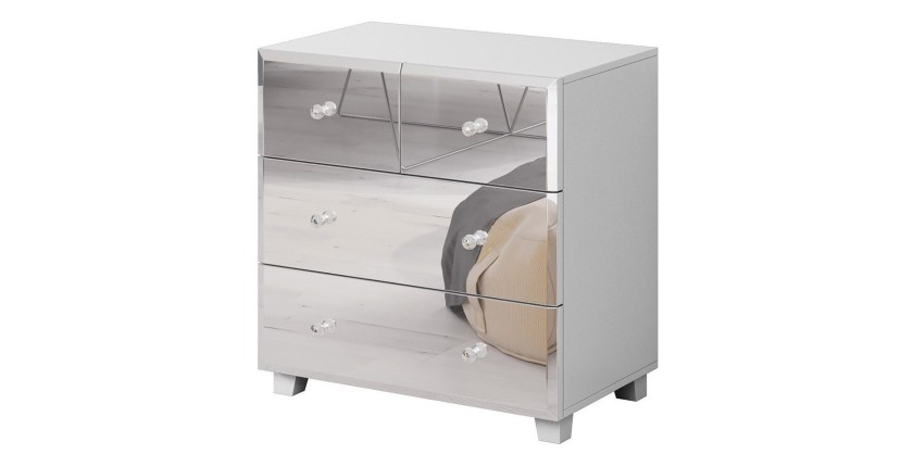 Commode 4 tiroirs corps blanc et façades recouvertes de miroirs collection LUXOR.