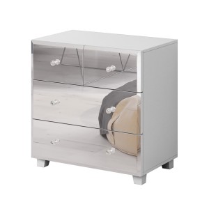 Commode 4 tiroirs corps blanc et façades recouvertes de miroirs collection LUXOR.