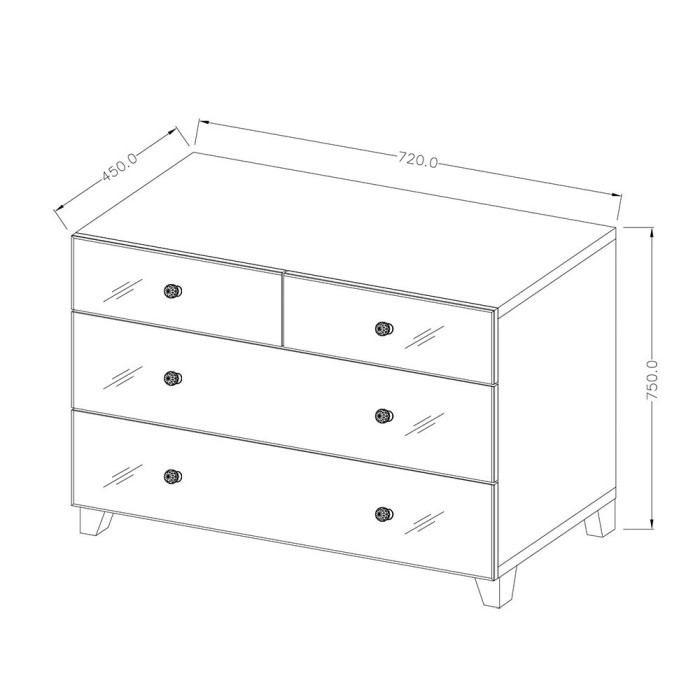 Commode 4 tiroirs corps blanc et façades recouvertes de miroirs collection LUXOR.