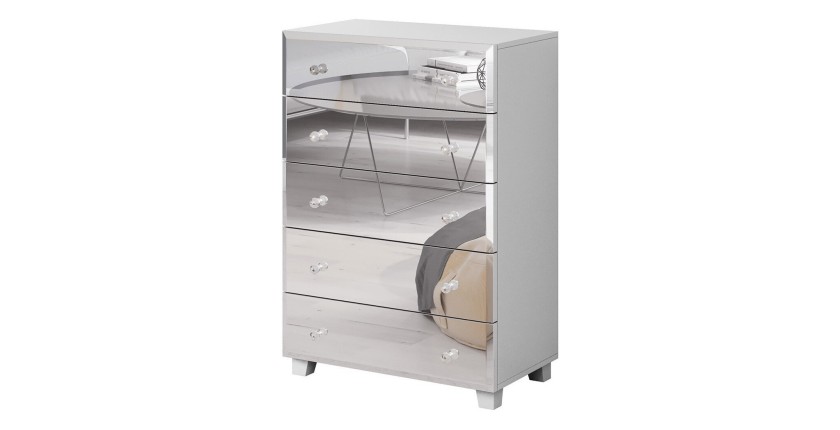 Commode 5 tiroirs avec corps blanc et façades recouvertes de miroirs collection LUXOR.