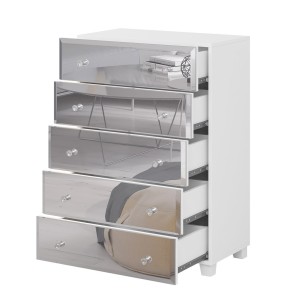 Commode 5 tiroirs avec corps blanc et façades recouvertes de miroirs collection LUXOR.