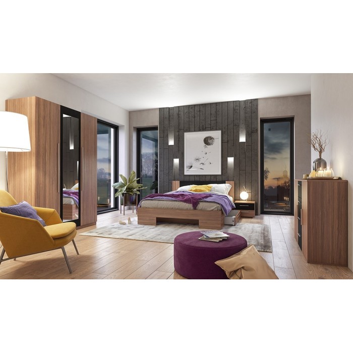 Lit adulte 160x200 collection IRINA. Chevets intégrés. Coloris Red Wallnut et noir