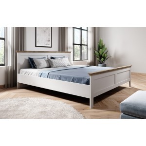 Lit adulte 160x200 collection ASSIA. Coloris blanc et  finitions aspect chêne.