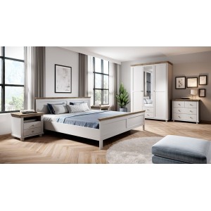 Lit adulte 180x200 collection ASSIA. Coloris blanc et  finitions aspect chêne.