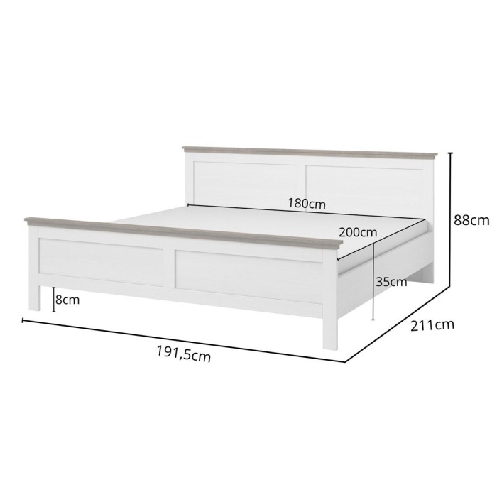 Lit adulte 180x200 collection ASSIA. Coloris blanc et  finitions aspect chêne.