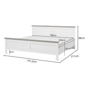 Lit adulte 180x200 collection ASSIA. Coloris blanc et  finitions aspect chêne.