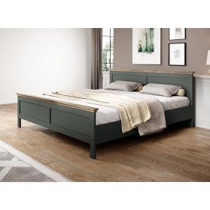 Lit adulte 160x200 collection ASSIA. Coloris vert kaki et  finitions aspect chêne.