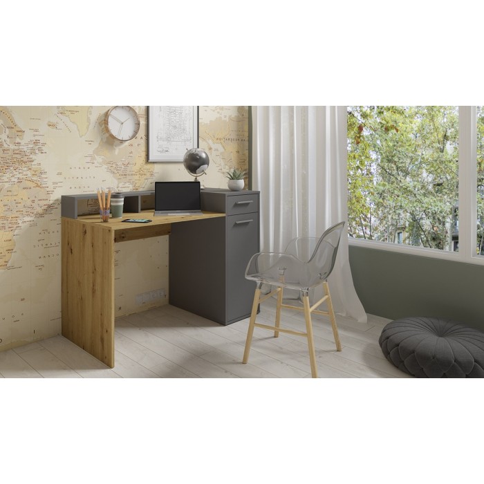 Bureau droit design avec caisson de rangement collection OFFICE coloris chêne et gris.