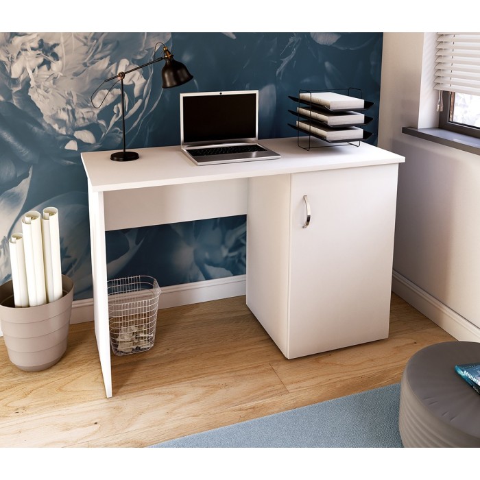 Bureau droit design avec caisson de rangement 1 porte collection ARLEE coloris blanc.