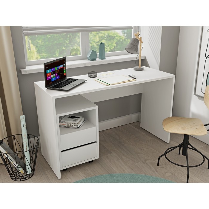 Bureau droit design avec caisson de rangement collection KINSALE coloris blanc.