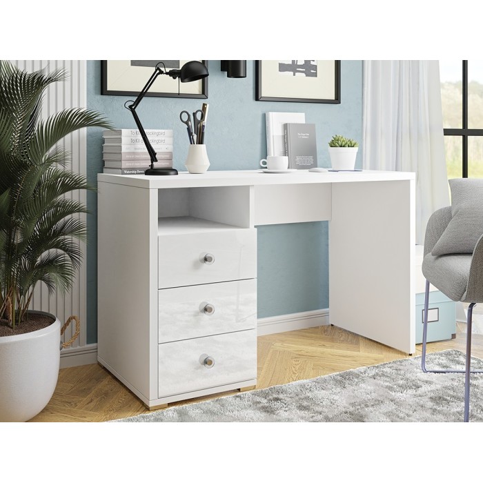 Bureau droit design avec caisson de rangement 3 tiroirs et 1 niche collection ALBY coloris blanc.