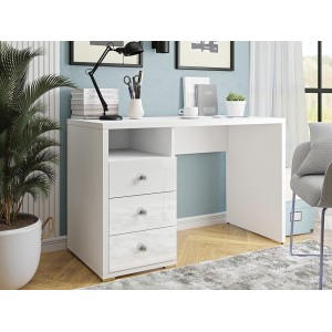 Bureau droit design avec caisson de rangement 3 tiroirs et 1 niche collection ALBY coloris blanc.