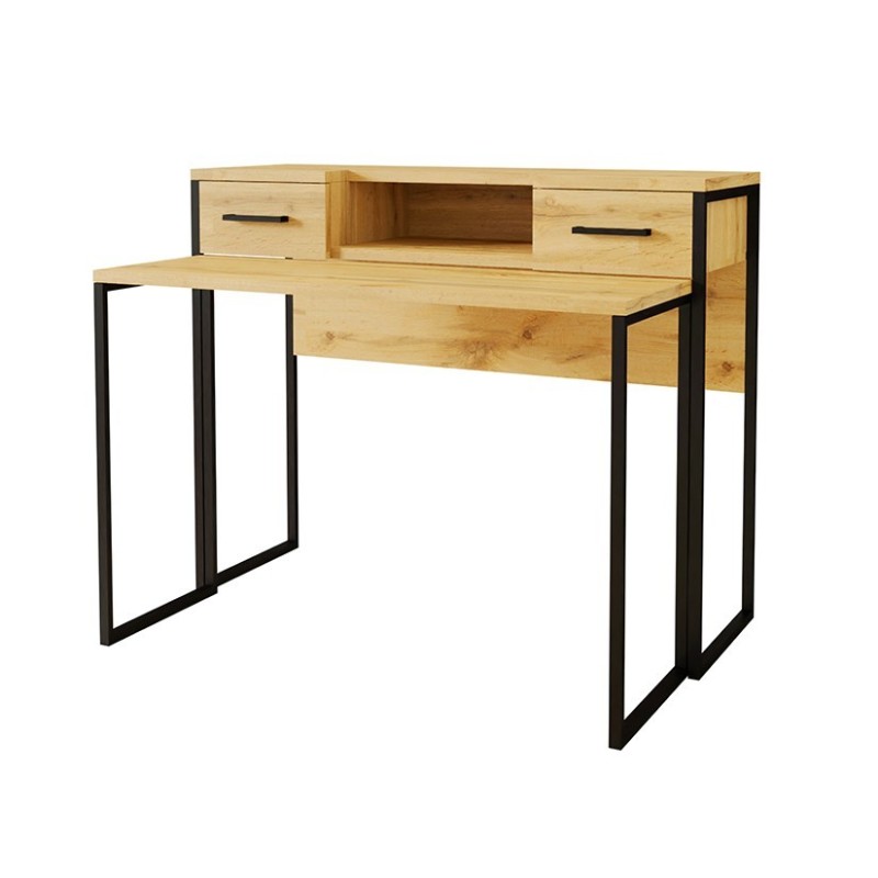 Console extensible en Bureau avec 2 tiroirs et 1 niche collection JASPER coloris chêne pieds en fer noir.