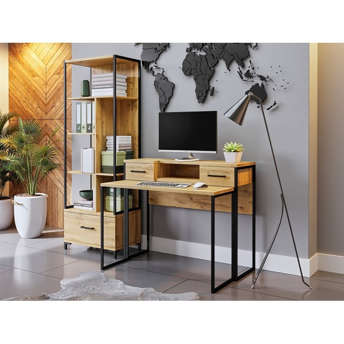 Console extensible en Bureau avec 2 tiroirs et 1 niche collection JASPER coloris chêne pieds en fer noir.